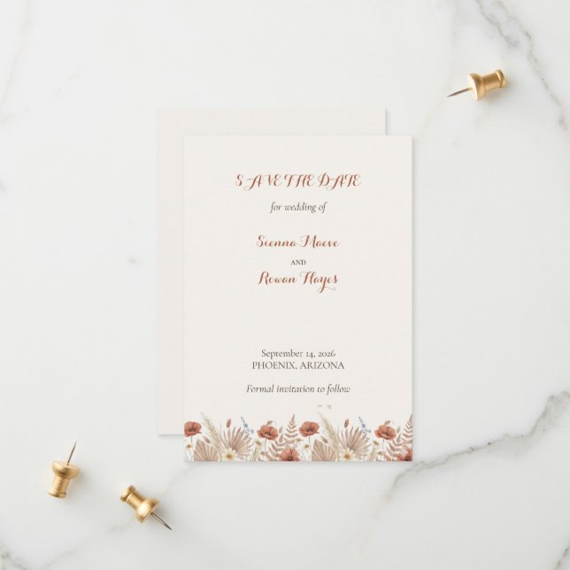 Boho Terrakotta Blumen & Pampasgras Save The Date (Vorderseite/Rückseite Beispiel)