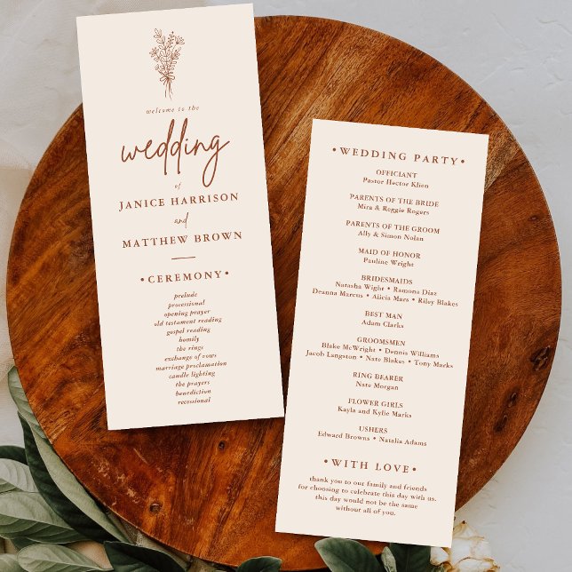 Boho Terrakotta-Orange Hochzeitsprogramm (Boho terracotta wedding program guides guests through your day with warm rustic style.)