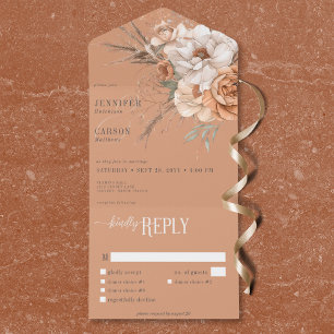 Boho Terrakotta Pfirsich- und Creme-Blumengedeck All In One Einladung