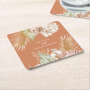 Boho-Terrakotta-Tropen-Blumen- und Palmenhochzeit Rechteckiger Pappuntersetzer