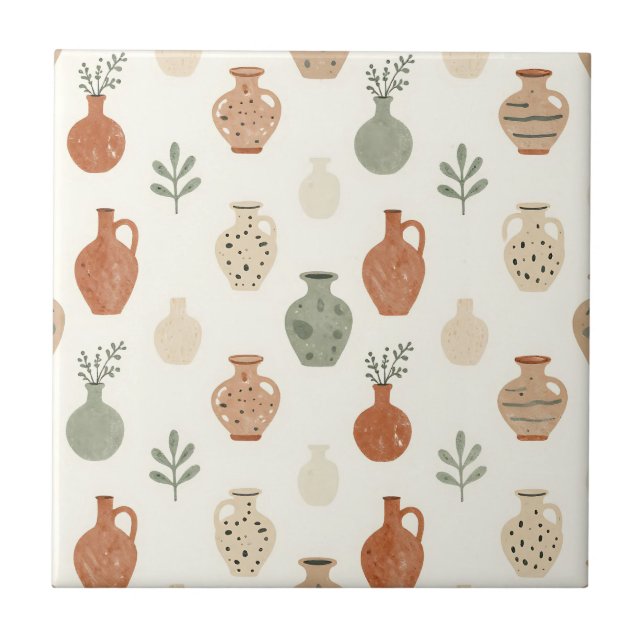 Boho-Terrakotta-Vasen Botanisches Muster Fliese (Vorderseite)