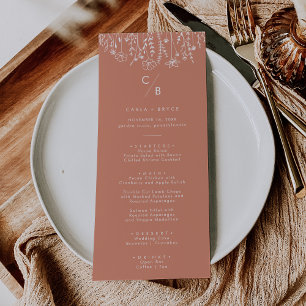 Boho-Terrakotta-Wildblumen-Monogramm-Hochzeitsmenü Menükarte
