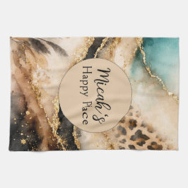 Boho-Tierdruck, Gold-Achat-Beige-Blau-Schwarz Geschirrtuch