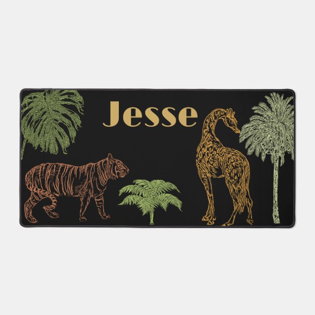 Boho Tiger Giraffe Safari Black Schreibtischunterlage (Vorderseite)