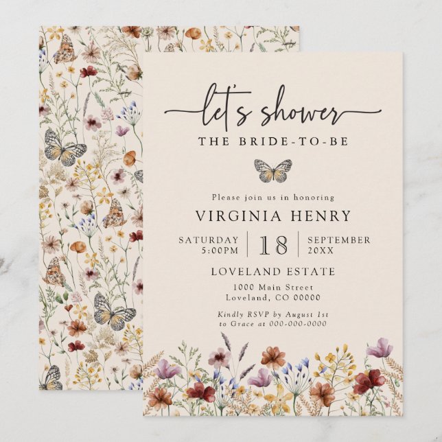 Boho Tiny Wildblume Bridal Dusche Einladung (Vorne/Hinten)