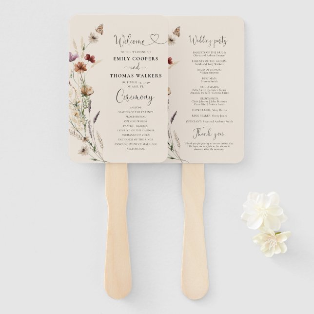 Boho Tiny Wildblume Wedding Program Hand Fan Fächer (Vorne und Hinten)