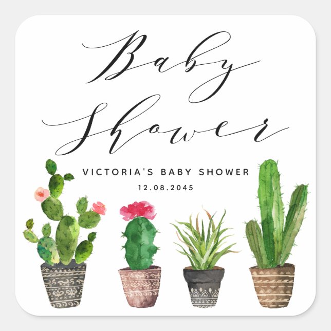 Boho Topted Succulents und Cactus Baby Shower Quadratischer Aufkleber (Vorderseite)