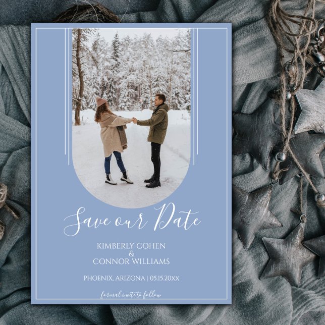 Boho-Torbogen-Foto Save the Date | Staubblau (Dusty Blue Arch Photo Save the Date)