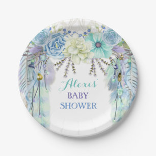 Boho Traumfänger-Feder-Stammes- Aqua-Blau Pappteller