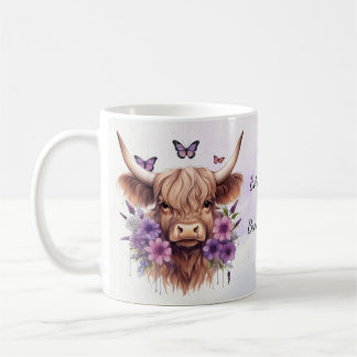 Boho träumt floral Lila Highland Cow Whimsical Kaffeetasse