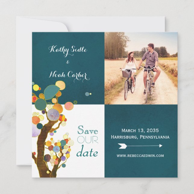 Boho Trees Aquamarin Wedding Foto Save the Date (Vorderseite)