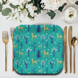 Boho Trees Gold Deers Modern Pappteller