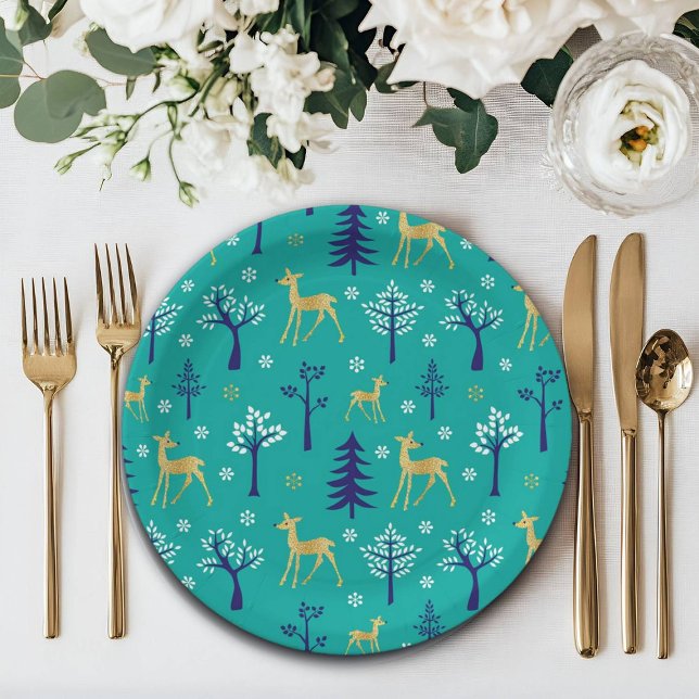 Boho Trees Gold Deers Modern Pappteller (Von Creator hochgeladen)