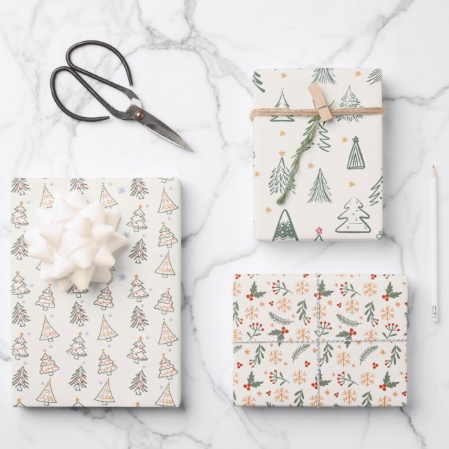 Boho Trees Sketched Papier d'emballage de vacances (Recto)
