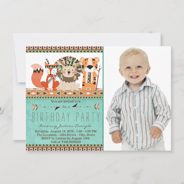 Boho Tribal Animal Birthday Party Einladung (Vorderseite)