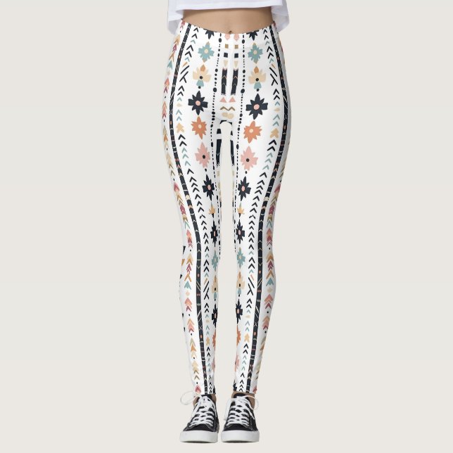 Boho Tribal Aztec Vertical Stripes Cream Rust Blue Leggings (Vorderseite)