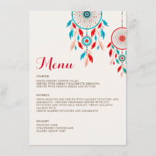 Boho Tribal feather Dreamcatcher Wedding Menükarte