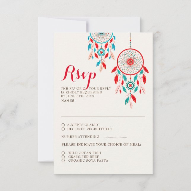 Boho Tribal feather Dreamcatcher Wedding RSVP Card Karte (Vorderseite)