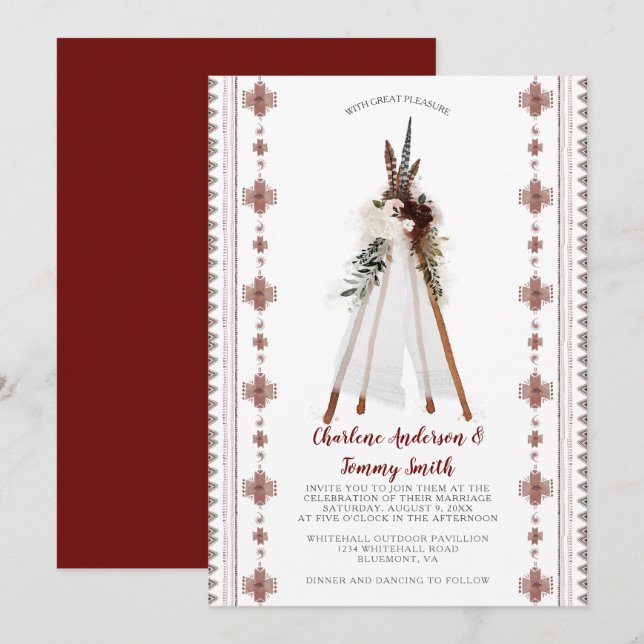 Boho Tribal Feathers Floral Teepee Wedding | Einladung (Vorne/Hinten)