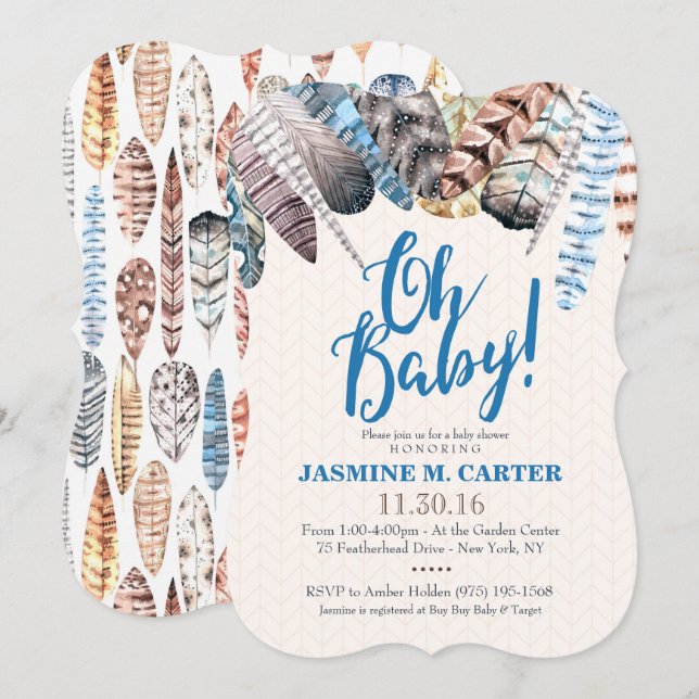 Boho Tribal Feathers Wassercolor | Baby Shower Boy Einladung (Vorne/Hinten)