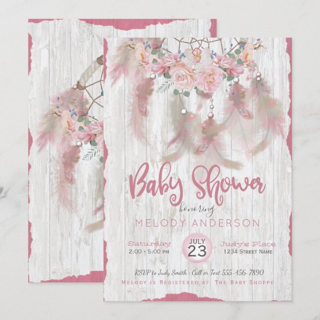 BOHO Tribal Floral Dream Catcher Pink Baby Dusche Einladung (Vorne/Hinten)