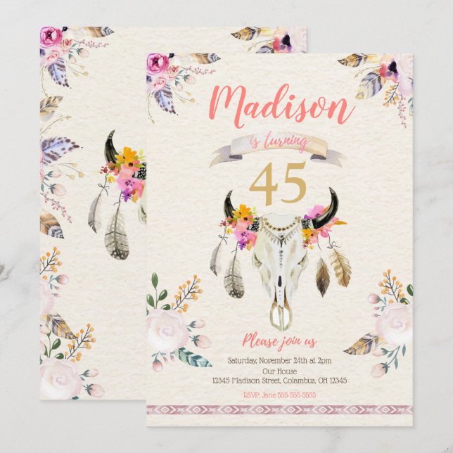 Boho Tribal Floral Skull Geburtstag Einladung (Vorne/Hinten)