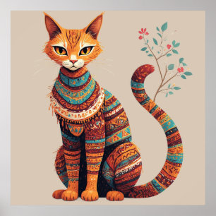 Boho-Tribal-Katzenillustration Süße Folk-Art-Gesta Poster