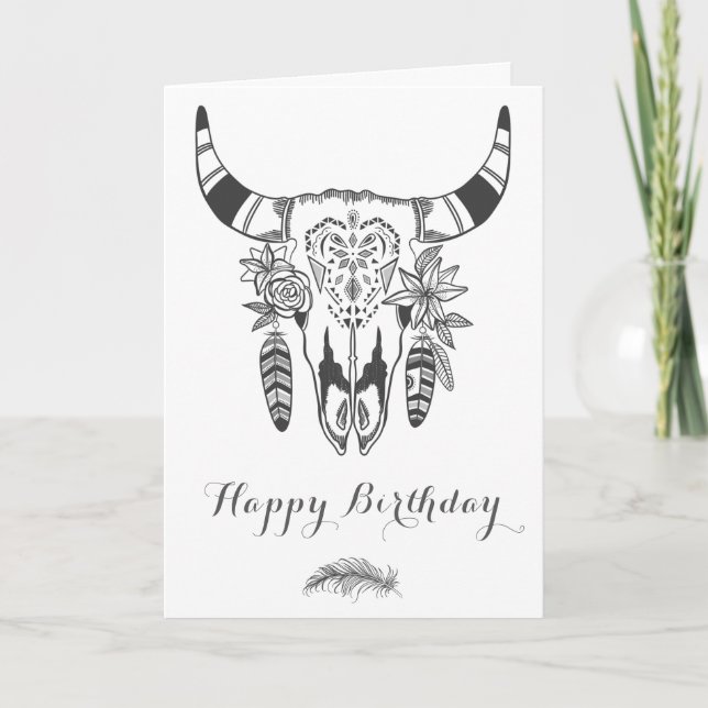Boho Tribal Skull Grau und Weiß Bohemischer Geburt Karte (Vorderseite)