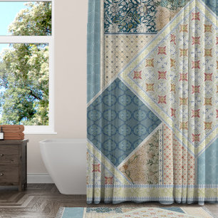 BOHO Tribal Watercolor Floral William Morris Blue Duschvorhang