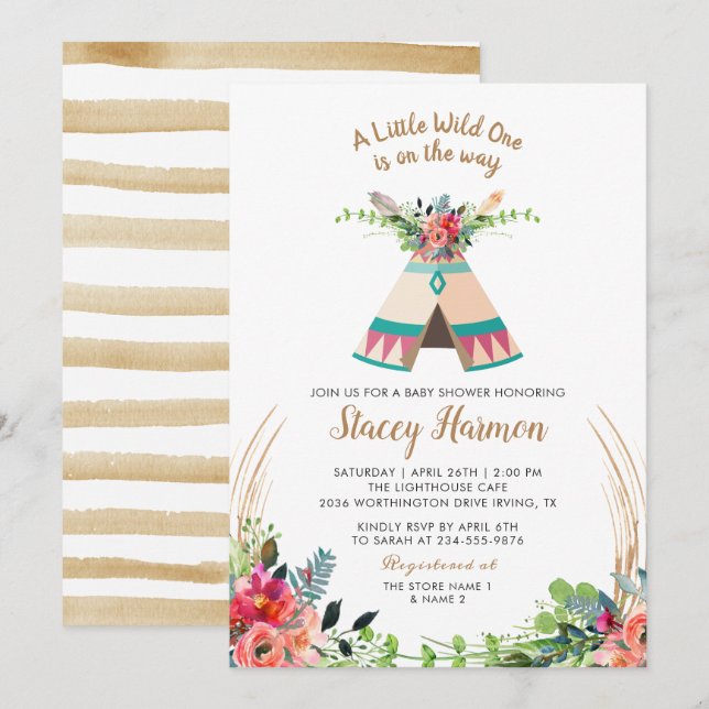 Boho Tribal Wild One Rustic Floral Baby Shower Einladung (Vorne/Hinten)