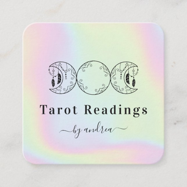Boho Triple Moon Feather Holographic Energy Healer Quadratische Visitenkarte (Vorderseite)