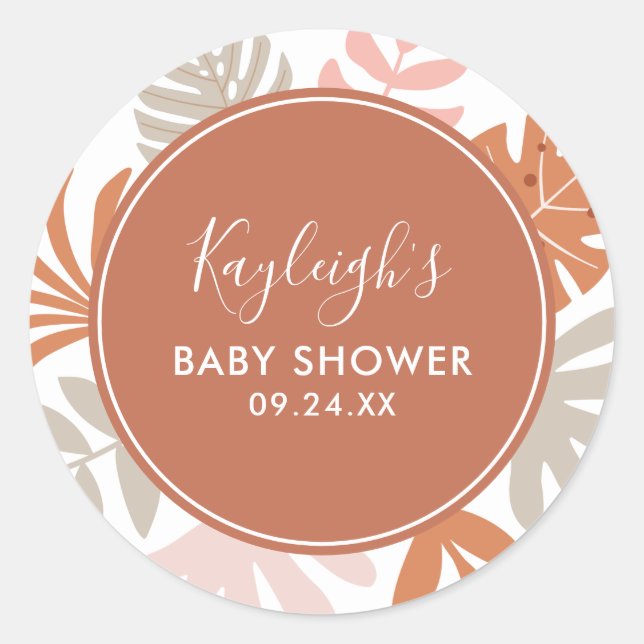Boho Tropical Baby Shower Name Classic Round Stick Runder Aufkleber (Vorderseite)