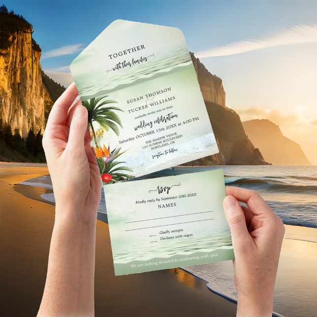 Boho Tropical Beach tout en un Faire-part de maria (All in one beach wedding invitation featuring a tropical design with palm trees and festive lanterns)