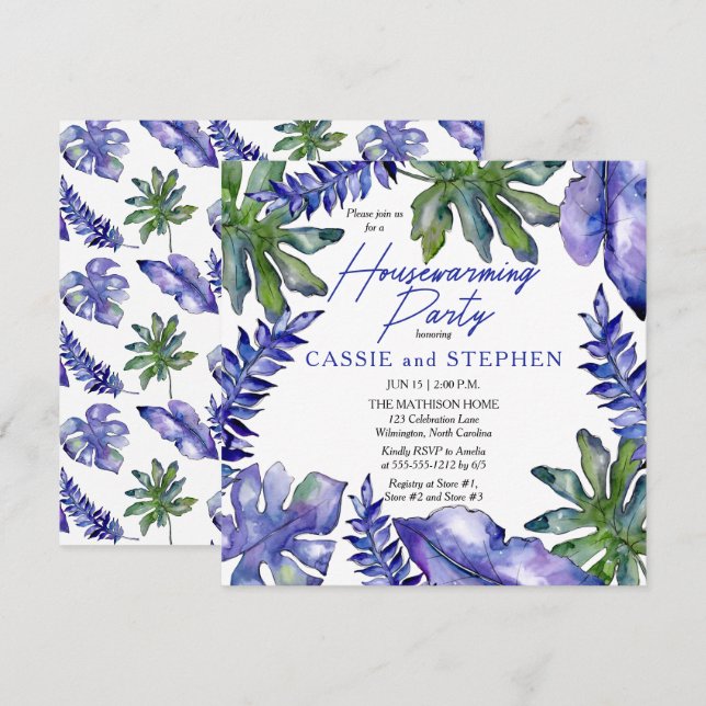 Boho Tropical Blätter Lila Party zur Haushaltserwä Einladung (Vorne/Hinten)