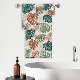 Boho Tropical Blätter Muster Rust Green Beige Badhandtuch Set