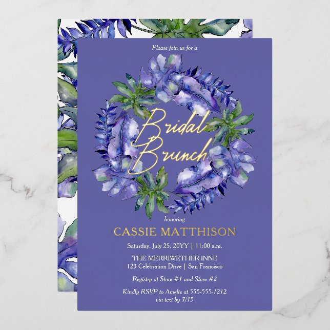 Boho Tropical Blätter Peri | Green Bridal Brunch Folieneinladung (Vorderseite/Rückseite)