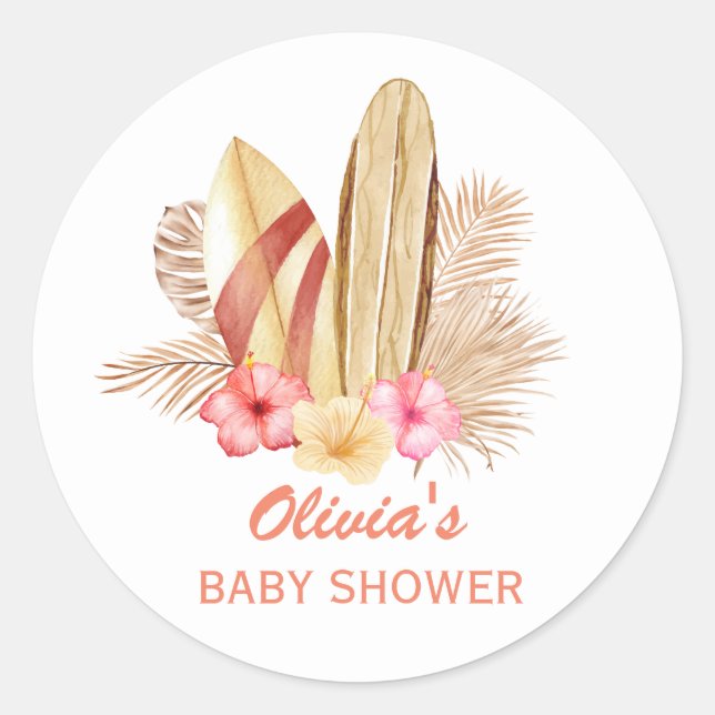 Boho Tropical Blume SurfIng Babydusche Runder Aufkleber (Vorderseite)