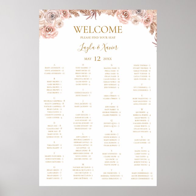 Boho Tropical Botanical | Alphabetische Sitzplätze Poster (Vorne)
