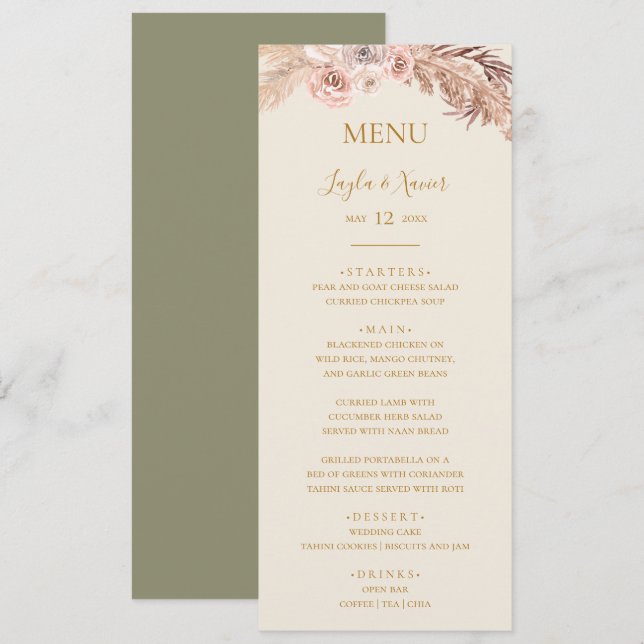 Boho Tropical Botanical | Grünes Hochzeitsessen Menükarte (Vorne/Hinten)