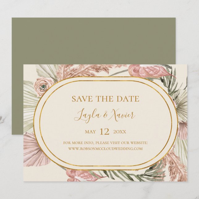 Boho Tropical Botanical | Horizontales Olivenöl Save The Date (Vorne/Hinten)