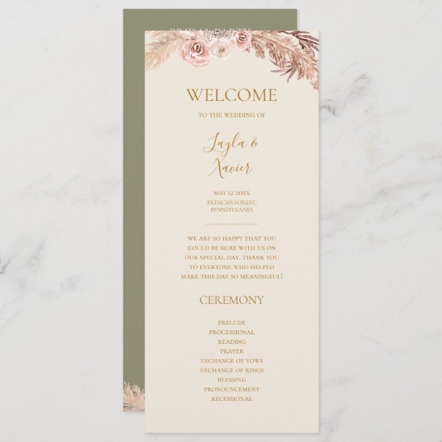 Boho Tropical Botanical | Olive Green Flat Wedding Programm (Vorne/Hinten)