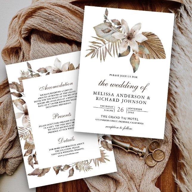 Boho Tropical Dried Palm Floral All in One Wedding Einladung (Von Creator hochgeladen)