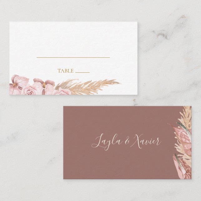 Boho Tropical Dust Rose Flat Wedding Platzkarte (Vorne/Hinten)