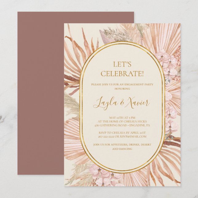 Boho Tropical Dusty Rose Feiern Einladung (Vorne/Hinten)