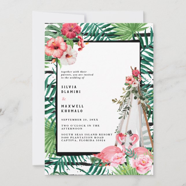 Boho Tropical Flamingo Wedding Einladung (Vorderseite)