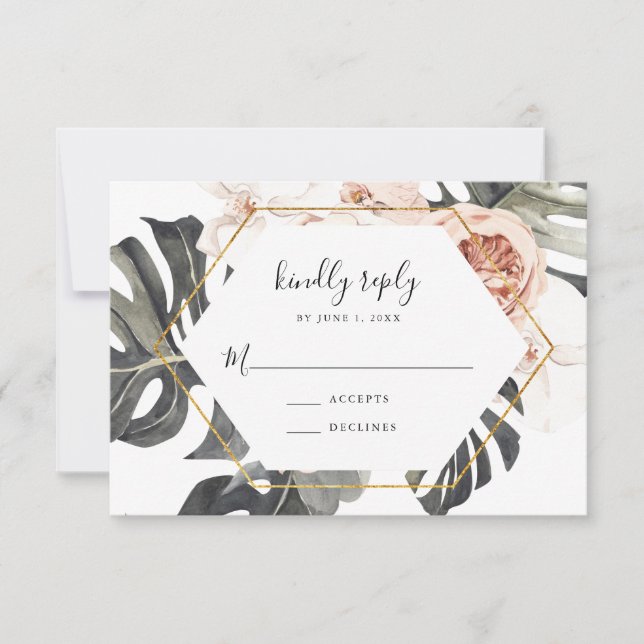 Boho Tropical Floral Gold Frame Wedding RSVP Card Karte (Vorderseite)
