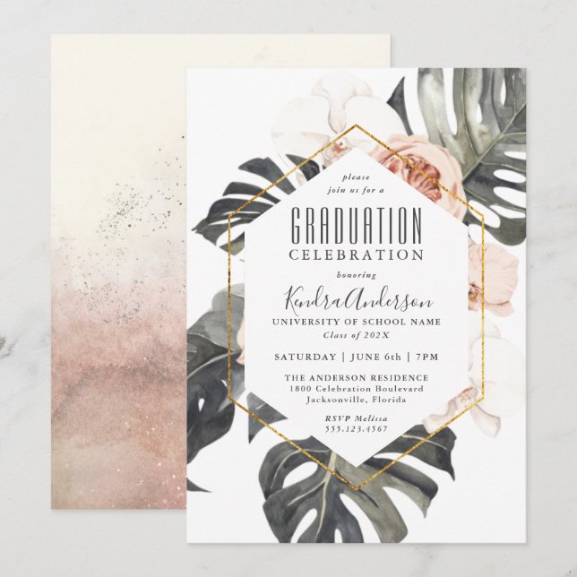 Boho Tropical Floral Graduation Party Einladung (Vorne/Hinten)