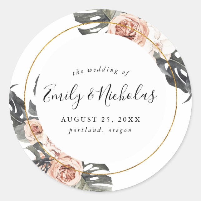 Boho Tropical Floral | Hochzeit Runder Aufkleber (Vorderseite)