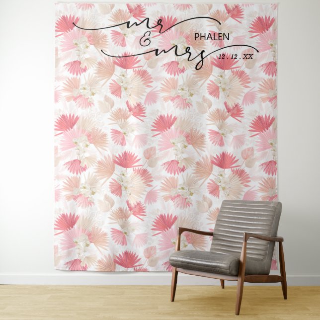 Boho Tropical Floral Mr. und Mrs. Wedding Foto Wandteppich (Beispiel)