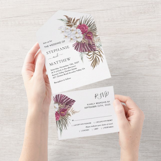 Boho Tropical Floral Orchid Wedding All In One Einladung (Abreißen)